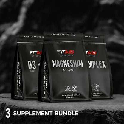 FitAid Supplement Bundle - Magnesium Glycinate, Methylated B-Complex, and D3+K2